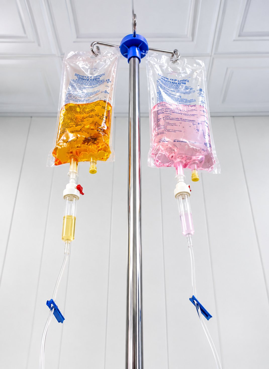 Two IV infusion bags hanging side by side on an infusion stand
